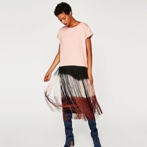 Zara Boho Western Pink T Shirt Dress Midi Fringe Ombre Black Tan Brown Sz Small